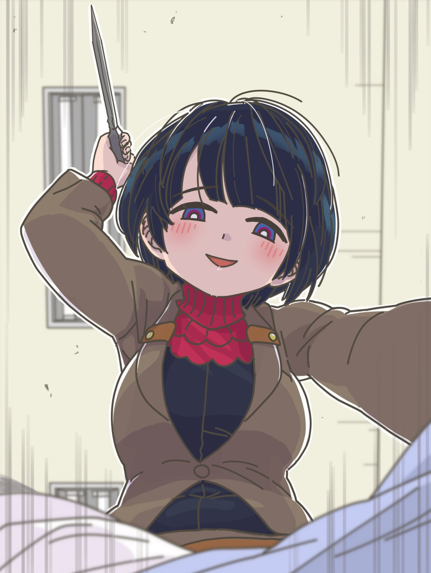 1girl, black_hair, blue_eyes, blush, bob_cut, breasts, gundam, gundam_gquuuuuux