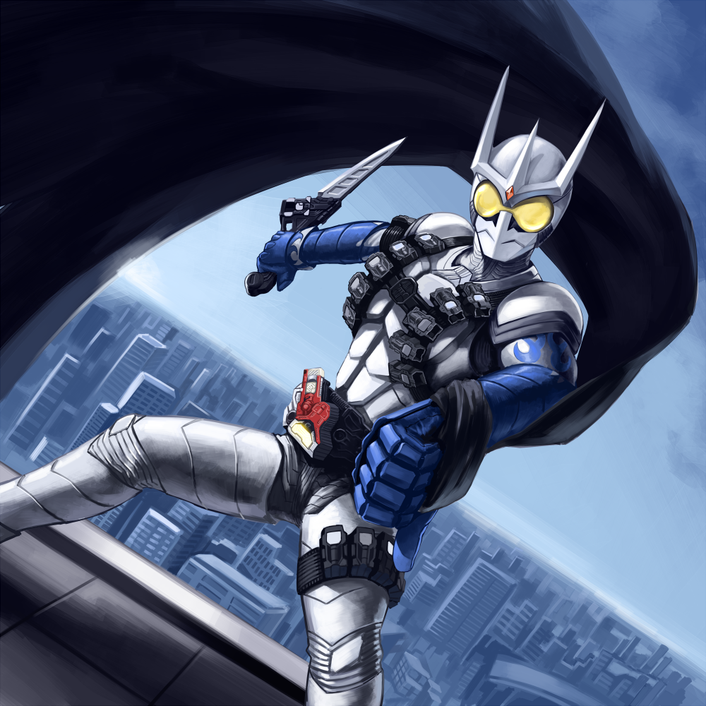 belt, cape, city, cityscape, dutch_angle, k_tsukumo, kamen_rider, kamen_rider_eternal
