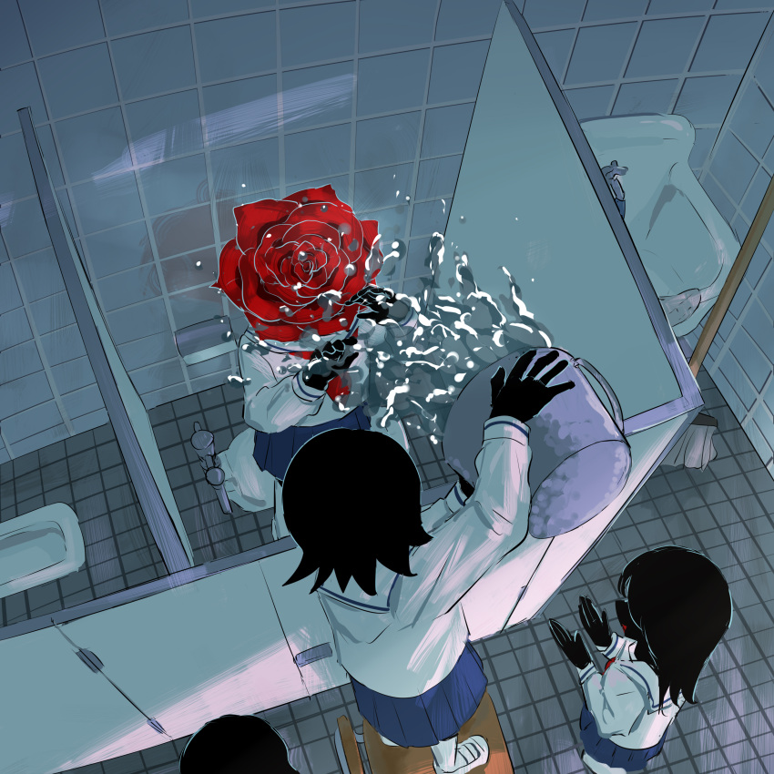 4girls, absurdres, avogado6, black_hair, black_skin, blue_skirt, bucket, bullying
