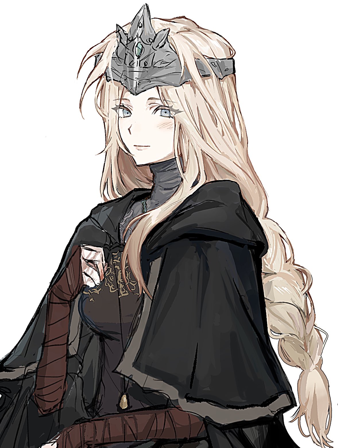 1girl, black_dress, blindfold, blonde_hair, blue_eyes, blush, braid, breasts, cape, capelet, cloak, closed_mouth, dark_souls_(series), dark_souls_iii, dress, fire_keeper, frmtanoshingo, gloves, highres, jewelry, long_hair, necklace, simple_background, smile, solo, upper_body