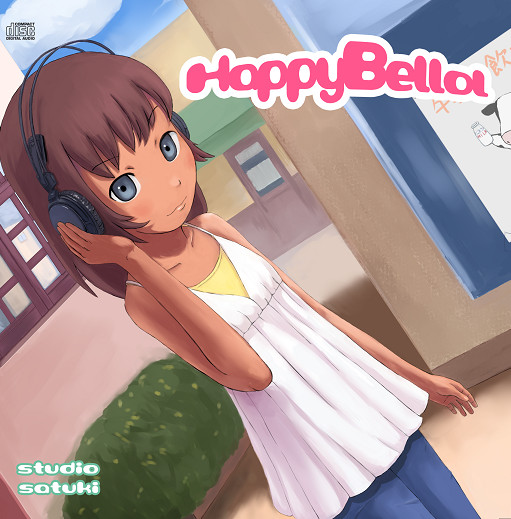 1girl, album_cover, bare_shoulders, brown_hair, cover, denim, headphones, jeans, medium_hair, original, pants, studio_satuki, unyagi