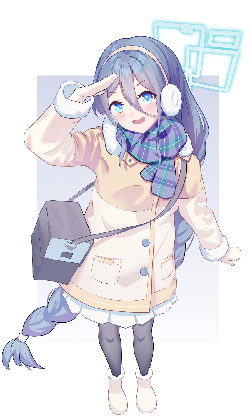 1girl, absurdres, aqua_halo, aris_(blue_archive), aris_(winter)_(blue_archive), arm_up, bag, black_pantyhose