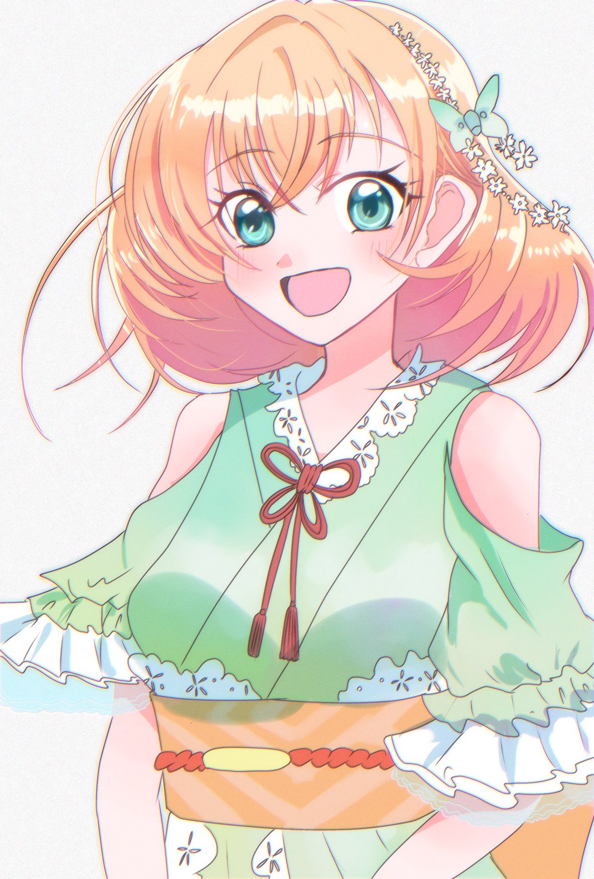 1girl, aoku_haruka, bare_shoulders, bow, clothing_cutout, commentary_request, flower_knot, green_bow