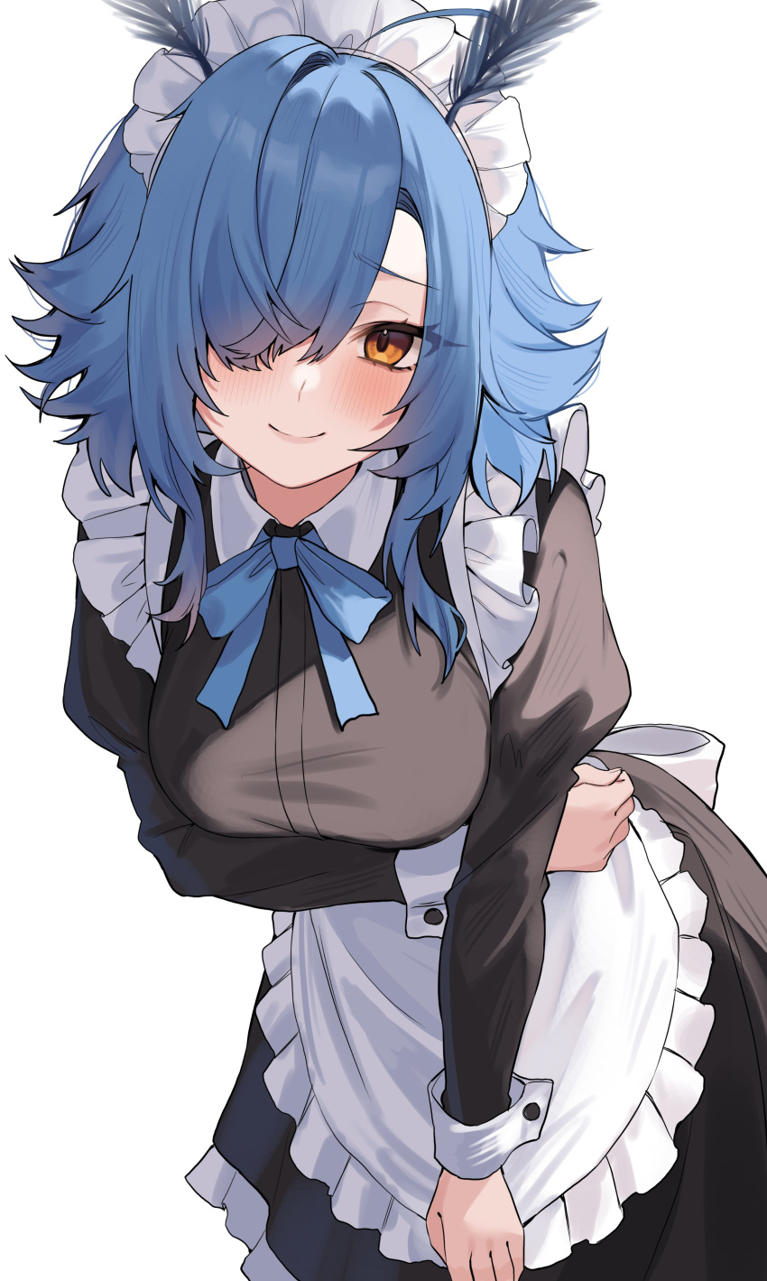 1girl, absurdres, apron, black_dress, blue_hair, breasts, character_request, closed_mouth
