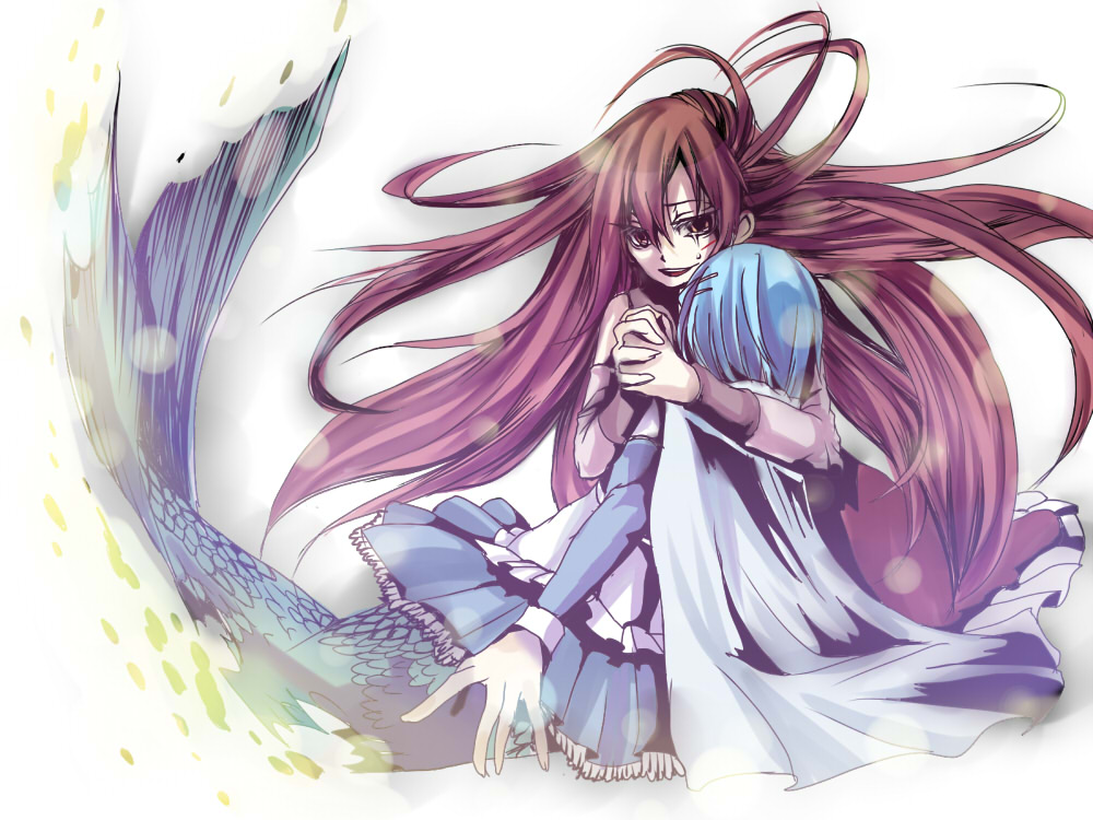 bare_shoulders, blue_hair, cape, gloves, long_hair, magical_girl, mahou_shoujo_madoka_magica, mermaid