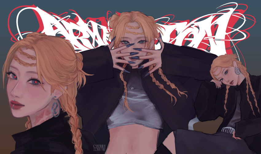 1girl, aespa, artist_name, black_jacket, blonde_hair, braided_twintails, cherrydistrict, commentary, crop_top, earrings, fake_nails, fingernails, highres, jacket, jewelry, k-pop, long_fingernails, looking_at_viewer, piercing, real_life, solo, song_name, winter_(aespa)