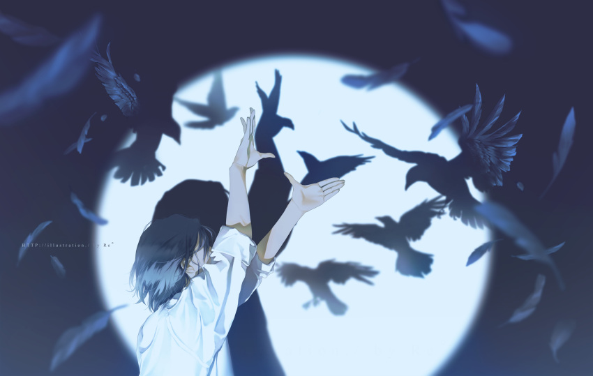 1boy, arms_up, bird, bird_shadow_puppet, black_hair, blurry, blurry_foreground, commentary_request, crow, feathers, from_side, highres, male_focus, original, rido_(ridograph), shadow, shadow_puppet, shirt, short_hair, silhouette, solo, spotlight, white_shirt