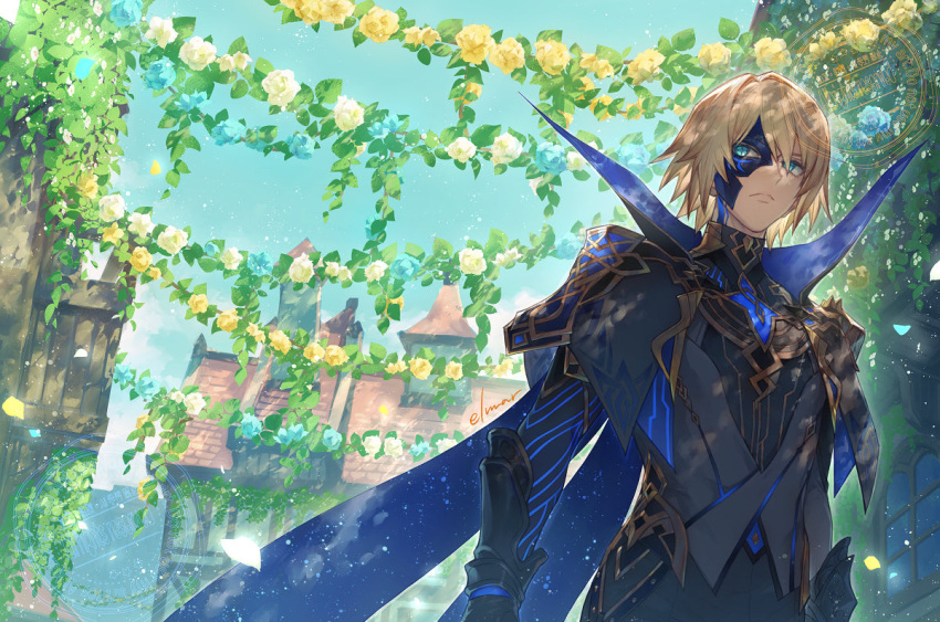 1boy, armor, artist_name, black_cape, black_jacket, black_mask, blonde_hair, blue_cape, blue_eyes, blue_flower, blue_sky, building, cape, city, closed_mouth, clouds, collared_cape, commentary_request, dainsleif_(genshin_impact), day, elmar, falling_petals, flower, frown, garland_(decoration), genshin_impact, gold_trim, hair_between_eyes, hair_intakes, half_mask, house, jacket, light_particles, male_focus, mask, mask_over_one_eye, mondstadt_city, outdoors, petals, plant, short_hair, signature, sky, solo, standing, two-sided_cape, two-sided_fabric, vines, watermark, white_flower, yellow_flower