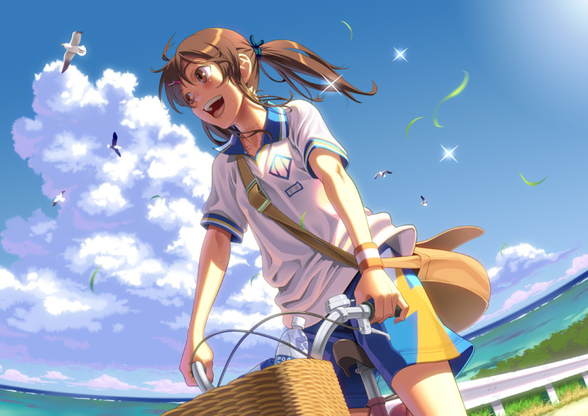animal, bad_id, bicycle, bike, bird, blush, brown_eyes, brown_hair, cloud, face, happy, ocean, original, pairan, pocari_sweat, short_hair, short_twintails, shorts, sky, sparkle, teeth, twintails, water