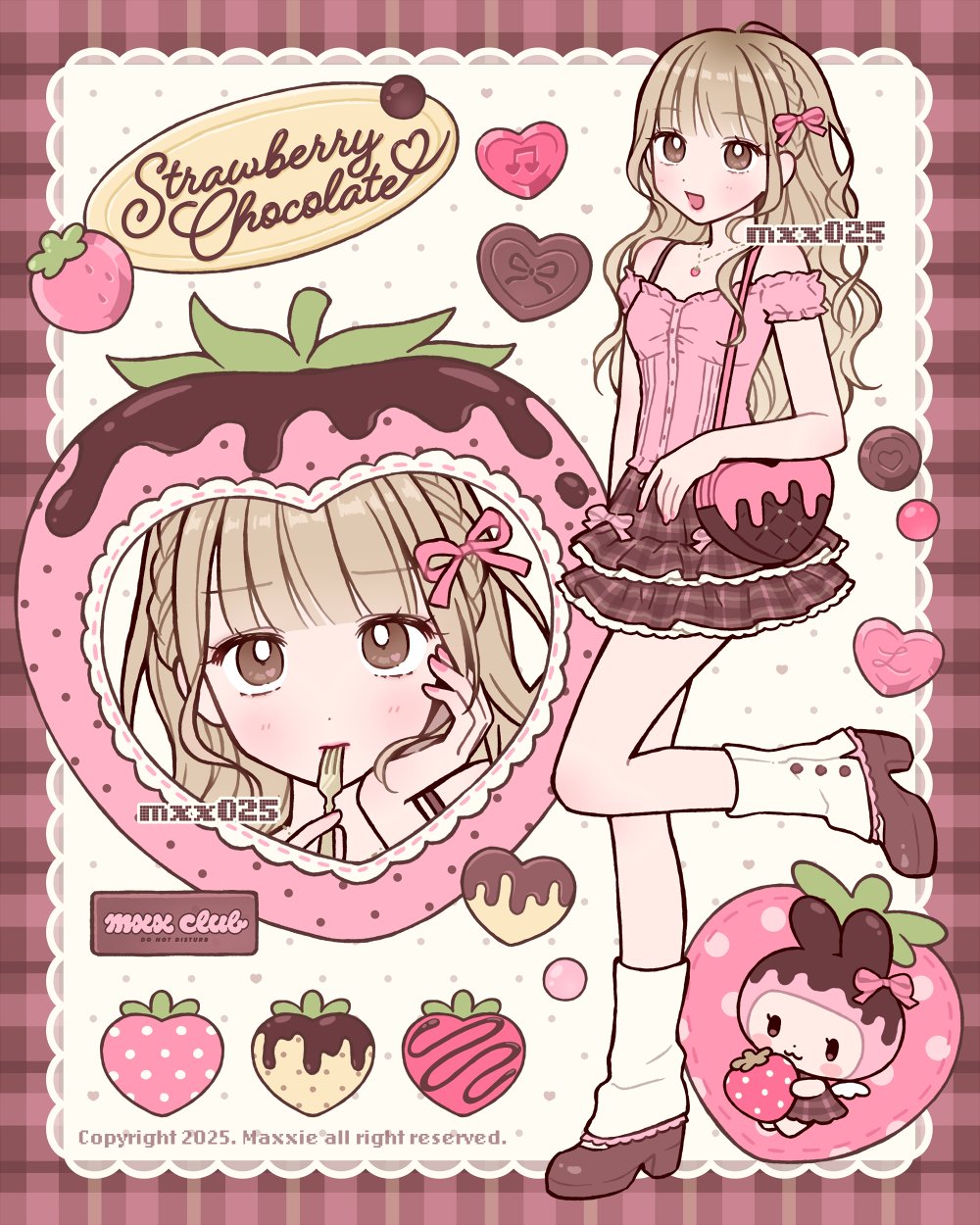 1girl, bag, blonde_hair, braid, brown_bag, brown_shoes, brown_skirt, chocolate_strawberry