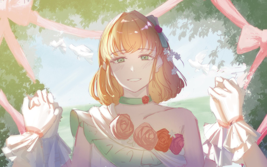 3girls, bird, blue_sky, blush, cerise_bouquet, choker, collarbone, day