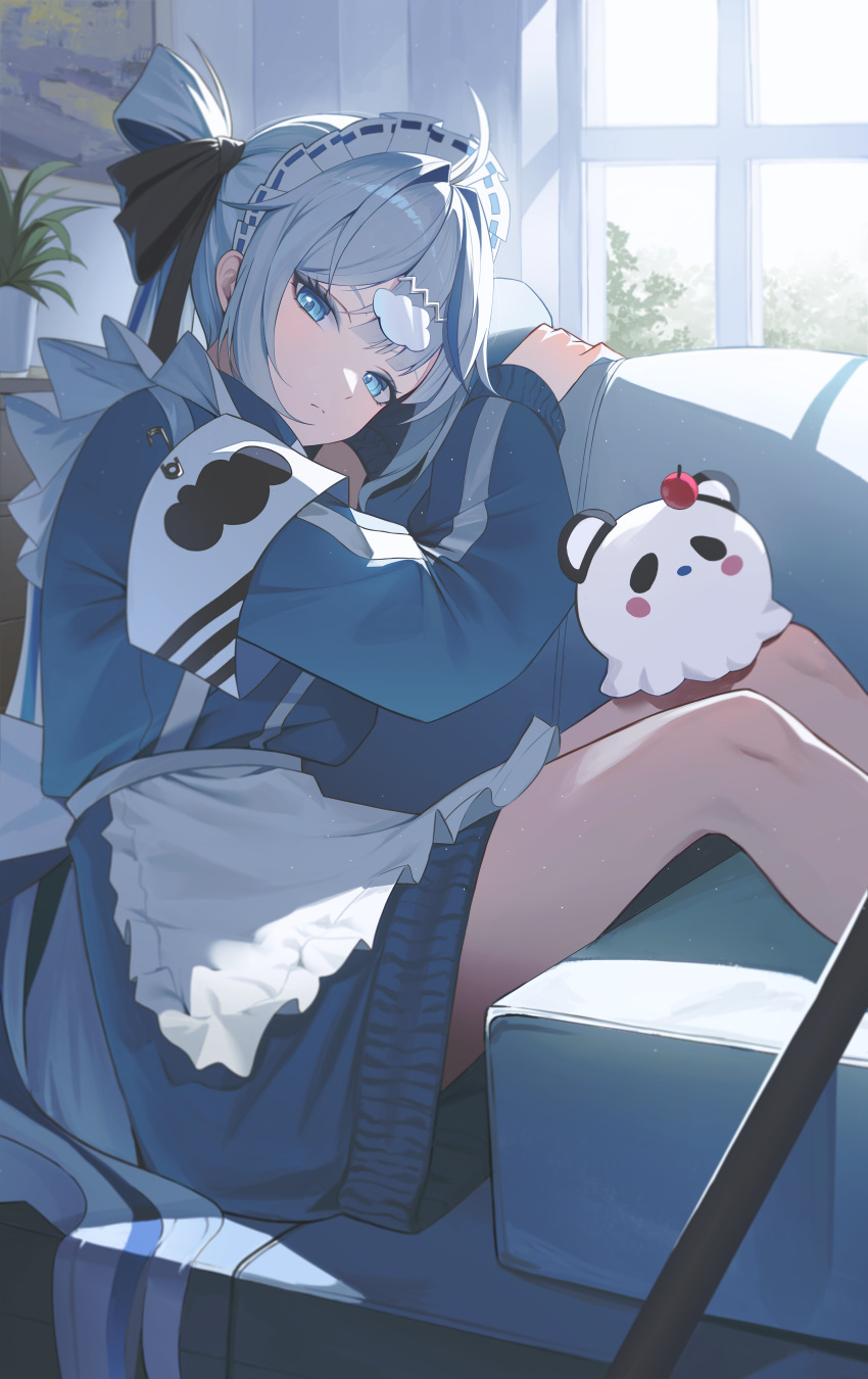 1girl, absurdres, ahoge, aokumo_rin, apron, arm_rest, armband, blue_dress