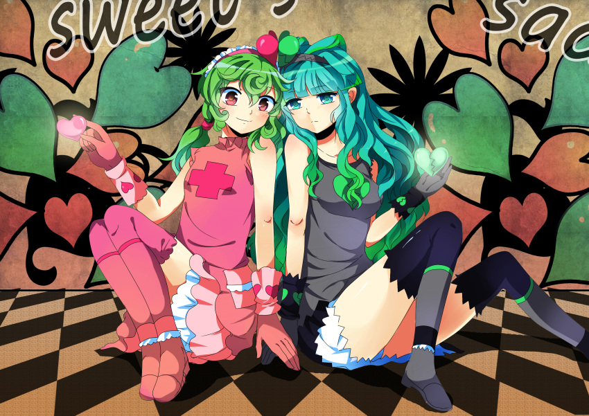 2girls, absurdres, aqua_hair, black_gloves, black_hairband, black_thighhighs, blunt_bangs, broken_heart