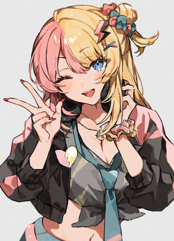 1girl, amesuku_gyaru, belt, blonde_hair, blue_eyes, blush, cropped_jacket, gyaru