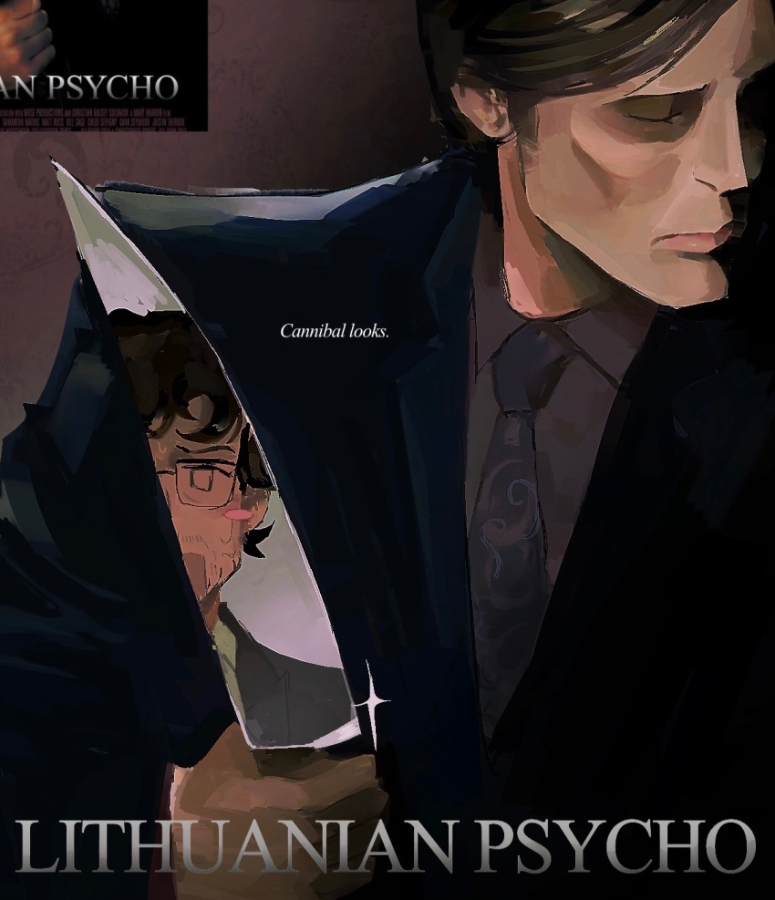 2boys, american_psycho, banyaichan, cosplay, hannibal_(tv_series), hannibal_lecter, highres, holding