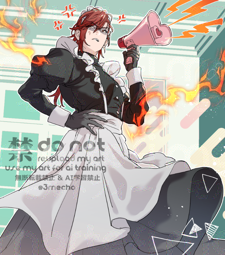 1boy, alternate_costume, anger_vein, angry, apron, artist_name, black_dress, black_gloves