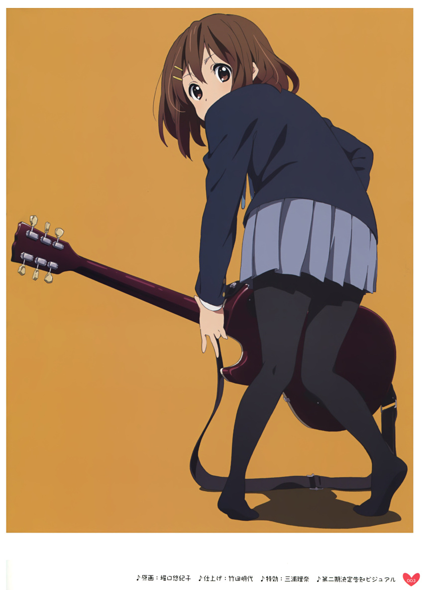 1girl, absurdres, back, black_pantyhose, blazer, brown_eyes, brown_hair, electric_guitar, gibson_brands_inc, gibson_les_paul, guitar, hair_ornament, hairclip, highres, hirasawa_yui, horiguchi_yukiko, instrument, jacket, k-on!, leaning, official_art, pantyhose, sakuragaoka_high_school_uniform, scan, school_uniform, short_hair, simple_background, skirt, solo, third-party_source, winter_uniform