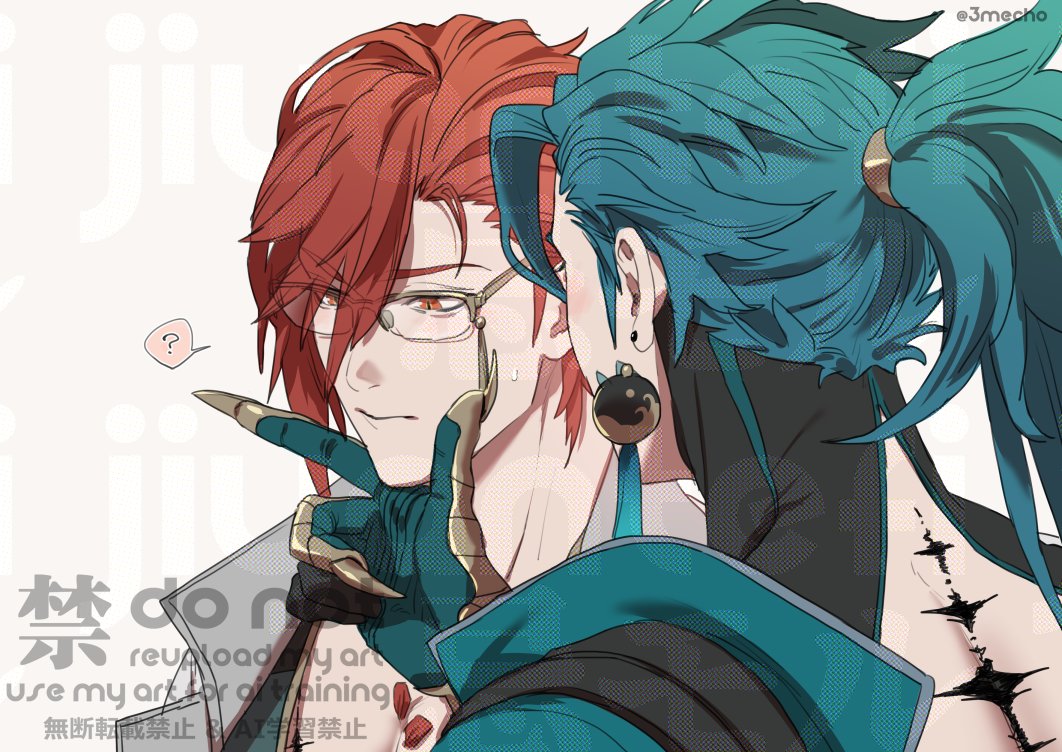 2boys, ?, artist_name, black_gloves, black_shirt, blue_coat, blue_gloves, blue_hair
