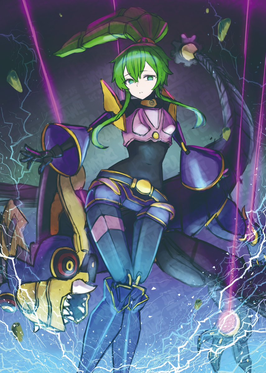 1girl, bird, black_skin, colored_skin, cowboy_shot, duel_monster, el_shaddoll_winda, electricity