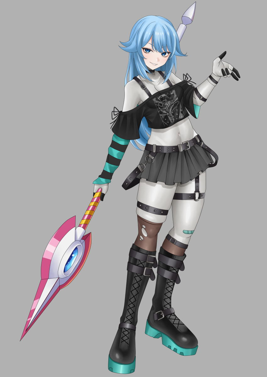 1girl, absurdres, alternate_costume, alternate_hairstyle, bardanv3, belt, blue_eyes, blue_hair, bodystocking, boots, bra_strap, breasts, choker, commission, commissioner_upload, covered_navel, crop_top, eyelashes, fairy_leviathan_(mega_man), full_body, gloves, grey_background, highres, holding, holding_polearm, holding_weapon, knee_boots, kneehighs, leg_wrap, long_hair, looking_at_viewer, mega_man_(series), mega_man_zero_(series), miniskirt, multiple_belts, no_headwear, non-web_source, off-shoulder_shirt, off_shoulder, petite, polearm, shirt, skirt, small_breasts, smirk, socks, striped_sleeves, suspender_skirt, suspenders, swept_bangs, weapon