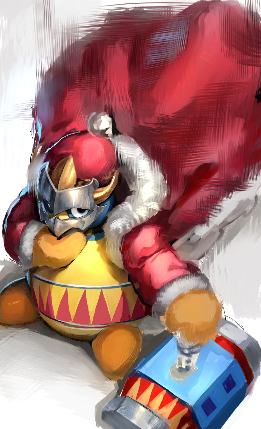 1boy, absurdres, coat, full_body, gloves, highres, horned_mask, king_dedede