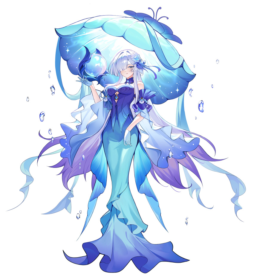 1girl, absurdres, bare_shoulders, blue_dress, blue_eyes, breasts, detached_collar, detached_sleeves