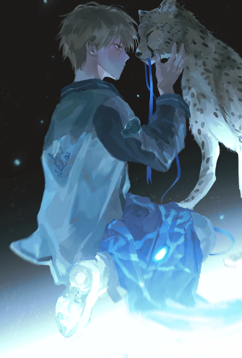 1boy, absurdres, animal, black_background, blonde_hair, blue_jacket, blue_ribbon, chinese_commentary