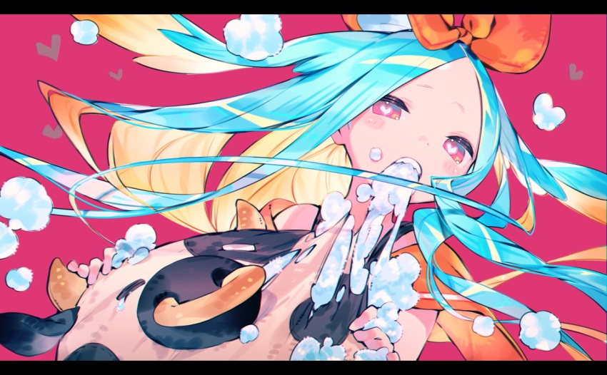 1girl, aqua_hair, biting, blonde_hair, blush, bukurote, carrot_rabbit_(bukurote), forehead