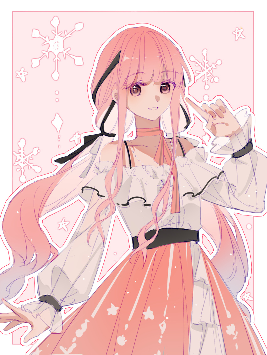 1girl, bare_shoulders, bead_necklace, beads, belt, black_belt, black_bow, black_ribbon