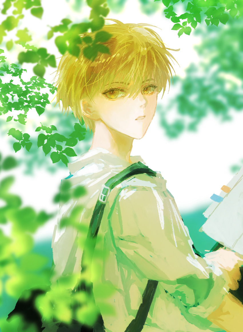 1boy, absurdres, bag, black_bag, blonde_hair, blurry, book, chinese_commentary