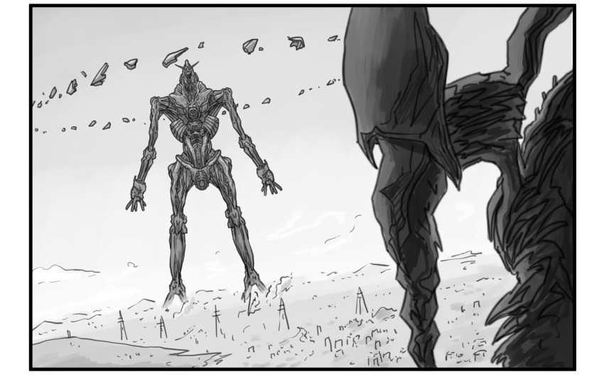 bit_(gundam), black_border, bokurano, border, city, greyscale, gundam, gundam_gquuuuuux