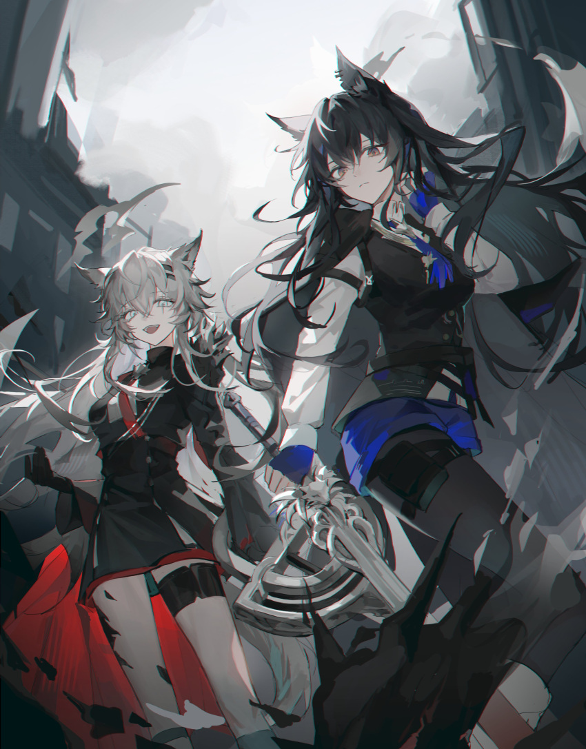 2girls, absurdres, arknights, black_hair, black_jacket, black_pantyhose, black_shorts, brown_eyes, camellia1nsnow, closed_mouth, cowboy_shot, grey_eyes, grey_hair, highres, holding, holding_sword, holding_weapon, jacket, lappland_(arknights), long_hair, looking_at_viewer, multiple_girls, open_mouth, pantyhose, shorts, smile, sword, teeth, texas_(arknights), upper_teeth_only, weapon