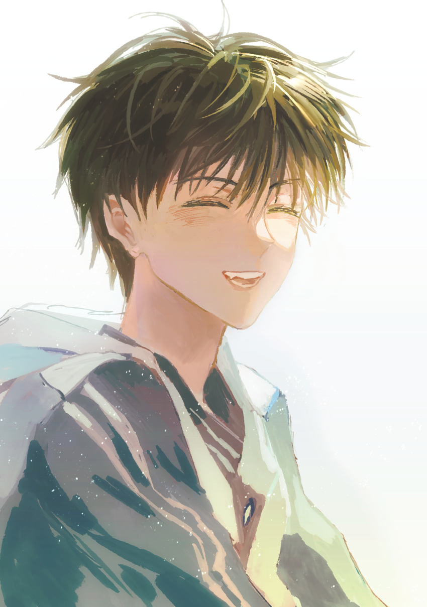 1boy, :d, ^_^, absurdres, black_shirt, blonde_hair, blue_jacket, blush
