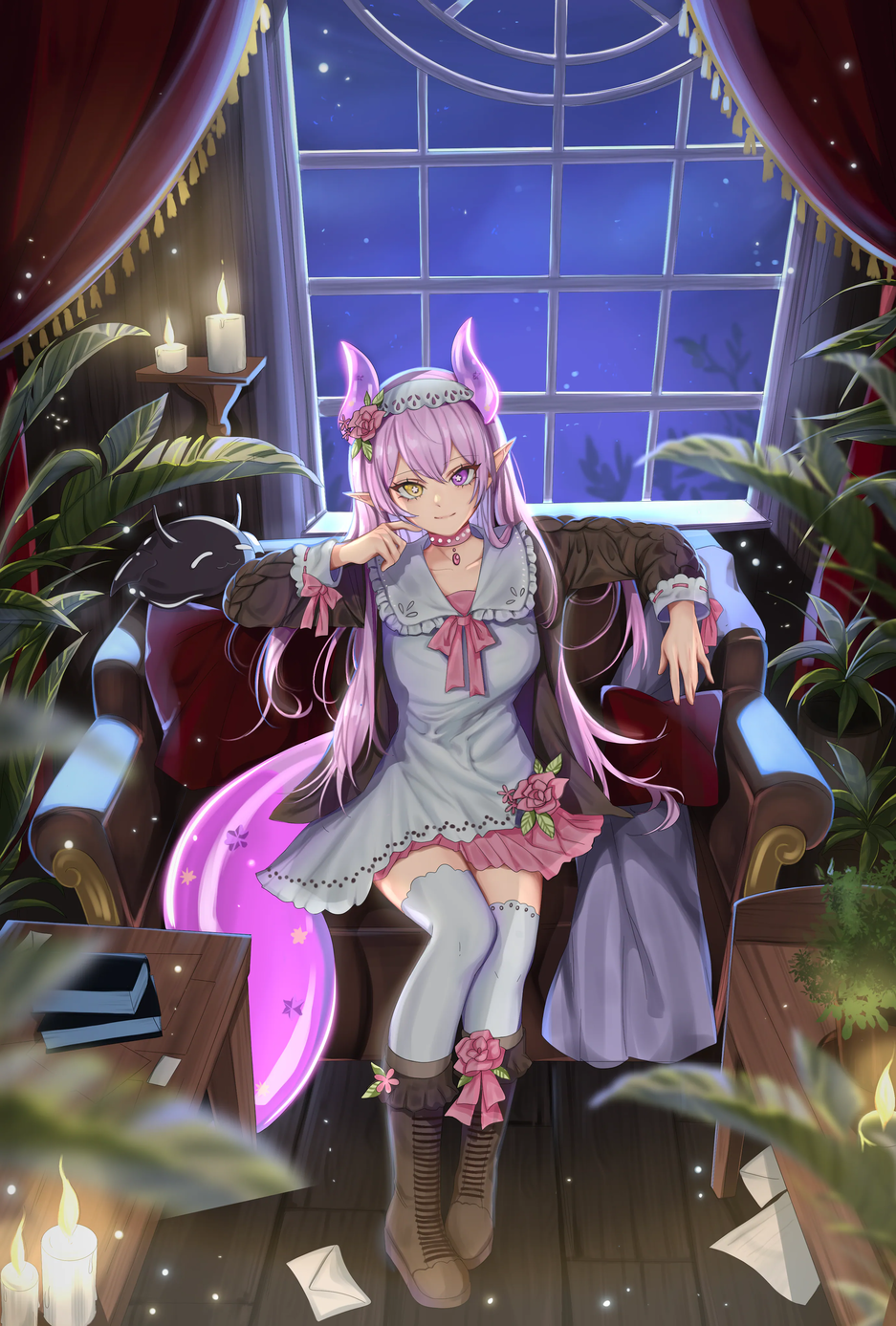 1girl, =w=, book, boots, brown_jacket, candle, chair, choker