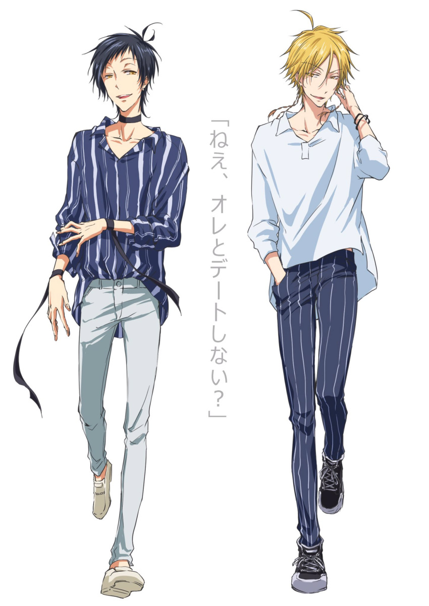 2boys, ahoge, alicein_mikuni, alternate_costume, antenna_hair, black_hair, blonde_hair, bracelet