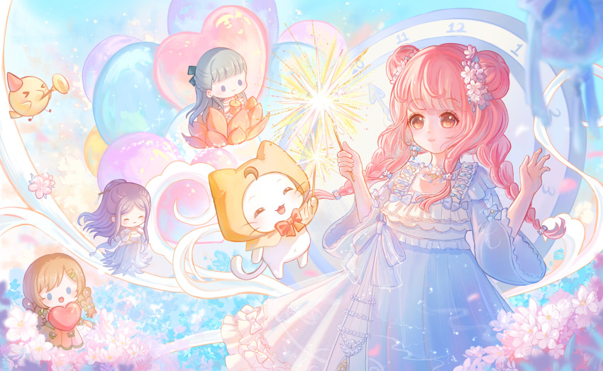 4girls, ^_^, absurdres, ahoge, animal, anmoliangzi, balloon, bare_shoulders, black_bow, blue_bow, blue_dress, blue_eyes, blue_hanfu, blue_sky, blunt_bangs, bobo_(miracle_nikki), bow, bowtie, braid, brown_eyes, brown_hair, candle, cat, cherry_blossoms, chibi, chinese_clothes, chinese_commentary, choker, cloak, closed_eyes, closed_mouth, clothed_animal, collarbone, commentary_request, cowboy_shot, day, dot_nose, double_bun, dress, dress_bow, ear_covers, eyelashes, fire, fireworks, flower, flower_choker, frilled_dress, frills, gifty_(nikki), grey_eyes, grey_hair, hair_bow, hair_bun, hair_flower, hair_ornament, hairclip, hairpin, hanfu, happy, heart, heart_balloon, highres, holding, holding_candle, holding_fireworks, holding_heart, hood, hood_up, hooded_cloak, kimi_(miracle_nikki), lace-trimmed_sleeves, lace_trim, layered_dress, light_blush, light_particles, lips, long_hair, long_sleeves, looking_at_animal, loose_hair_strand, lotus, lunar_(miracle_nikki), medium_dress, miracle_nikki, momo_(nikki), multiple_girls, multiple_hair_bows, navel, nikki_(nikki), nikki_(series), off-shoulder_dress, off_shoulder, open_mouth, orange_dress, outdoors, petals, pink_flower, pink_hair, pink_lips, pleated_dress, ponytail, purple_hair, red_bow, red_bowtie, red_flower, sidelocks, sky, sleeve_bow, smile, solid_oval_eyes, sparkler, square_neckline, striped_clothes, striped_dress, tareme, twin_braids, very_long_hair, waist_bow, whiskers, white_bow, white_cat, white_dress, white_flower, wide_sleeves, yellow_cloak