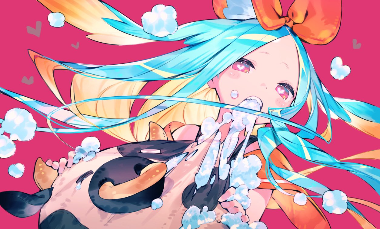 1girl, aqua_hair, biting, blonde_hair, blush, bukurote, carrot_rabbit_(bukurote), forehead