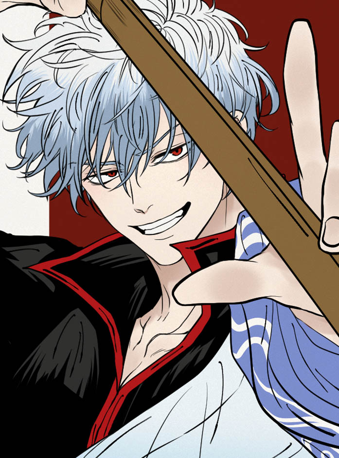 1boy, black_shirt, blue_hair, bokken, collarbone, commentary, commentary_request, gintama