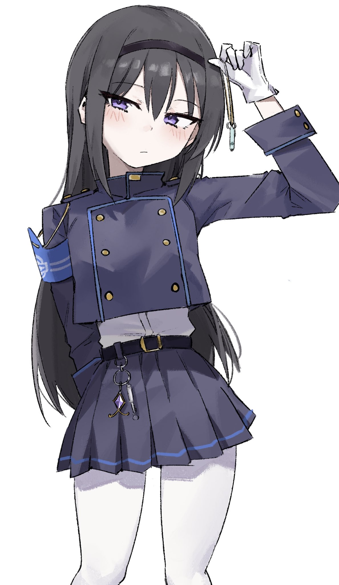 1girl, :/, akemi_homura, arm_behind_back, armband, belt, black_belt, black_hair