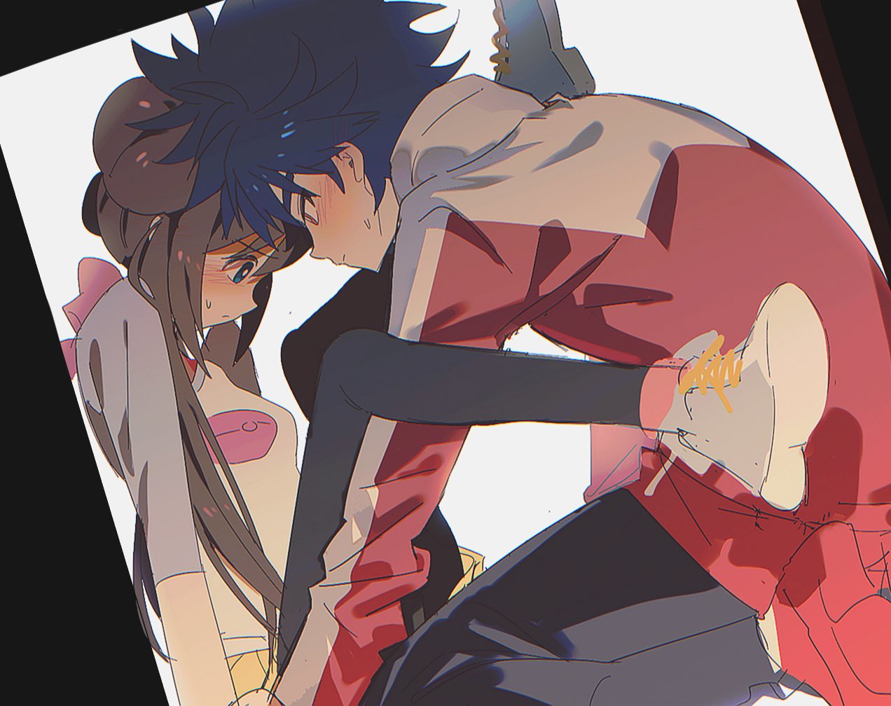 1boy, 1girl, black_pantyhose, blue_hair, blush, brown_hair, close-up, hetero