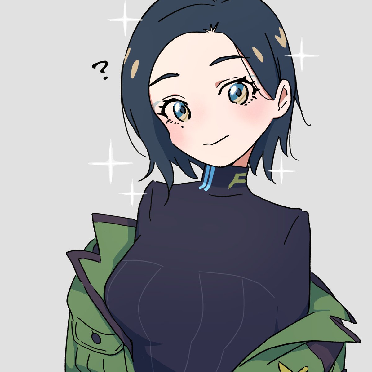 1girl, :|, ?, black_hair, black_shirt, blush, breasts, brown_eyes