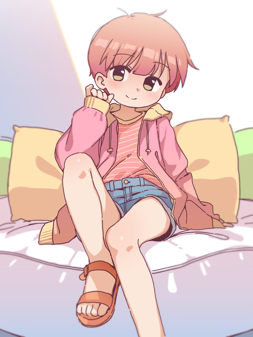 1girl, absurdres, bare_legs, bed, blue_shorts, blunt_bangs, blush, casual, closed_mouth, commentary, denim, flat_chest, full_body, green_eyes, highres, hood, hood_down, hoodie, indoors, jacket, knees_up, long_sleeves, looking_at_viewer, open_clothes, open_jacket, orange_hair, orenjipiiru, original, pillow, pink_hoodie, sandals, shirt, short_hair, short_shorts, shorts, simple_background, sitting, smile, solo, tomboy, tomboy_(orenji)