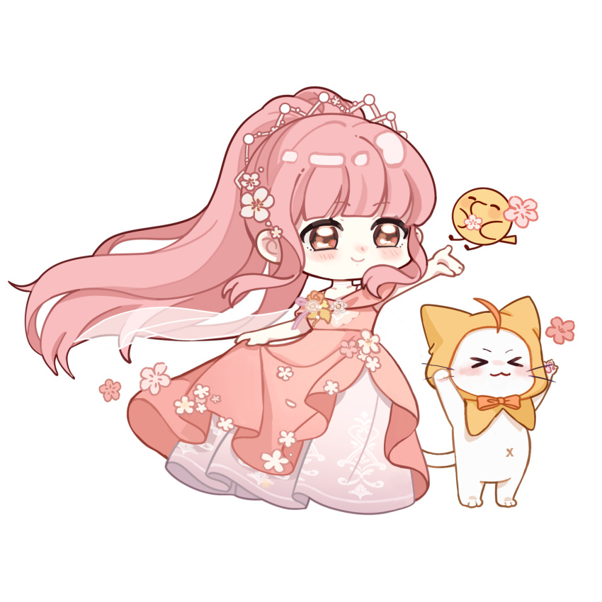 >_<, 1girl, ahoge, animal, arms_up, artist_request, bare_arms, beads, blunt_bangs, bow, bowtie, brooch, brown_eyes, cat, cherry_blossoms, chibi, chinese_commentary, clenched_hand, cloak, closed_mouth, clothed_animal, collarbone, commentary_request, dot_nose, dress, dress_flower, ear_covers, eyelashes, flower, flower_brooch, gifty_(nikki), gown, hair_flower, hair_ornament, highres, holding, holding_flower, hood, hood_up, hooded_cloak, jewelry, layered_dress, light_blush, long_dress, long_hair, looking_ahead, miracle_nikki, momo_(nikki), navel, nikki_(nikki), nikki_(series), official_art, orange_bow, orange_bowtie, outstretched_arm, pawpads, pink_dress, pink_flower, pink_hair, pink_ribbon, pleated_dress, ponytail, ribbon, second-party_source, short_sleeves, sidelocks, simple_background, skirt_hold, smile, tareme, tiara, traditional_bowtie, very_long_hair, whiskers, white_background, white_cat, white_dress, white_tiara, wind, yellow_cloak