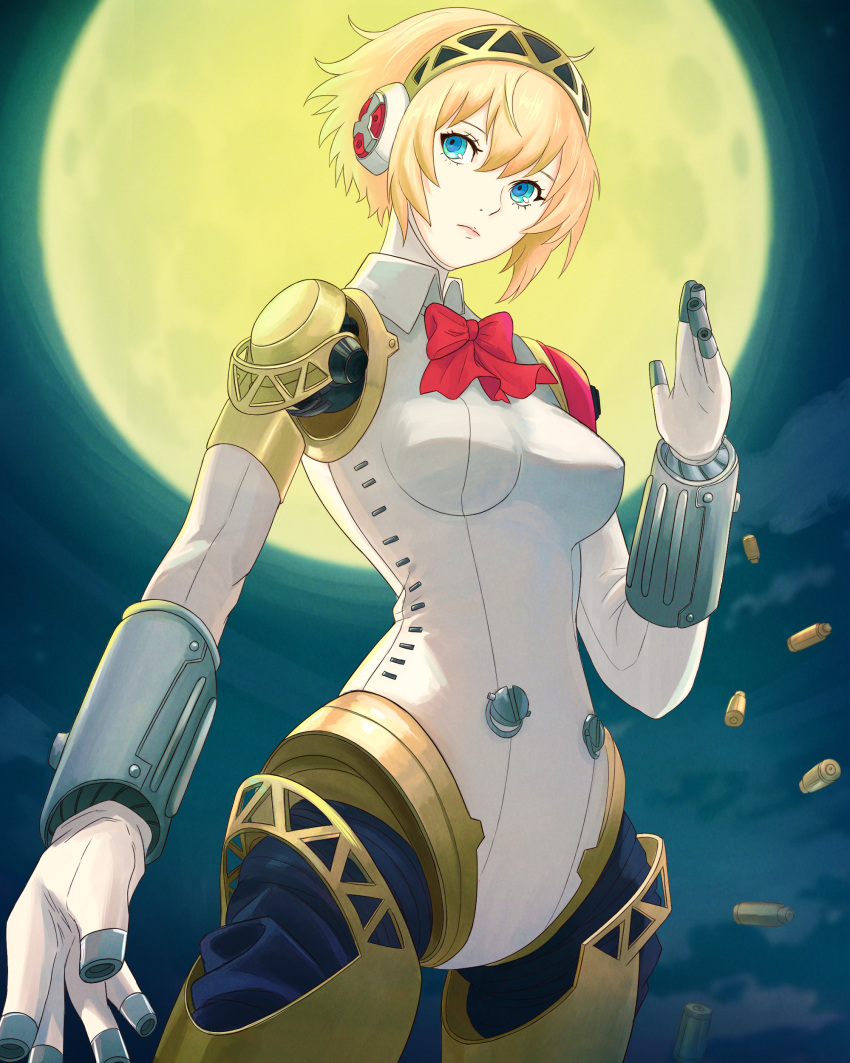 1girl, absurdres, aigis_(persona), android, blonde_hair, blue_eyes, bow, breasts