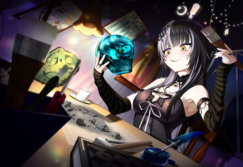 1girl, arm_strap, black_arm_warmers, black_choker, black_dress, black_hair, black_nails, book, breasts, choker, crescent, cup, desk, desk_lamp, dress, grey_hair, harrybyharry, highres, holding, holding_brush, holding_skull, hololive, hololive_english, indoors, inkwell, jewelry, lamp, large_breasts, long_hair, multicolored_hair, quill, ribbon, ring, rock, saucer, shiori_novella, shiori_novella_(1st_costume), skull, solo, split-color_hair, striped_arm_warmers, teacup, tongue, tongue_out, two-tone_hair, virtual_youtuber, white_ribbon, yellow_eyes