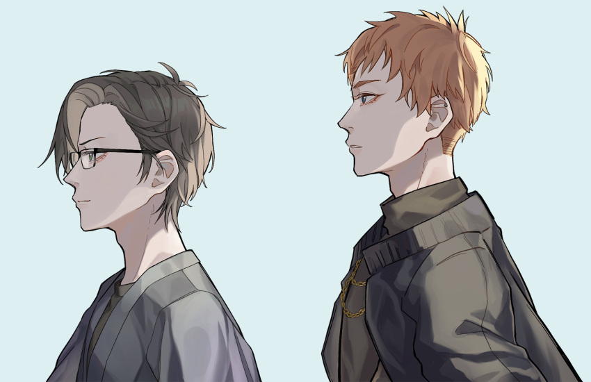 2boys, amd_aoneko, black-framed_eyewear, black_jacket, black_shirt, blue_eyes, brown_hair, busujima_rio_mason