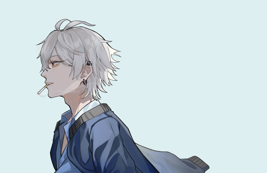 1boy, amd_aoneko, antenna_hair, aohitsugi_samatoki, blue_jacket, blue_shirt, cigarette, commentary_request