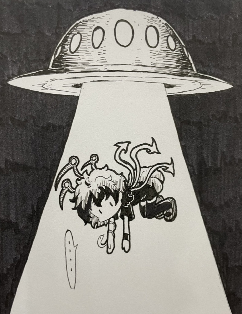 ..., 1girl, abduction, asymmetrical_wings, commentary, dress, full_body, greyscale