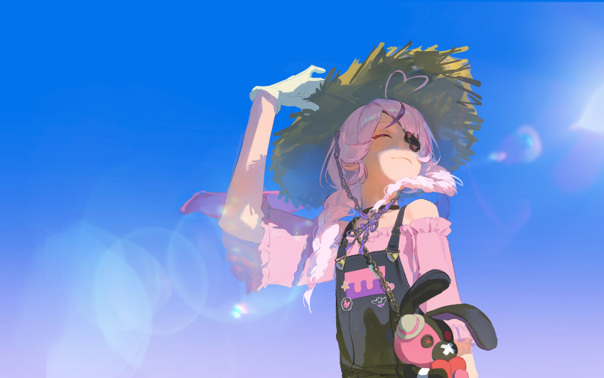 1girl, ^_^, absurdres, ahoge, animal_bag, black_choker, black_overalls, blue_sky