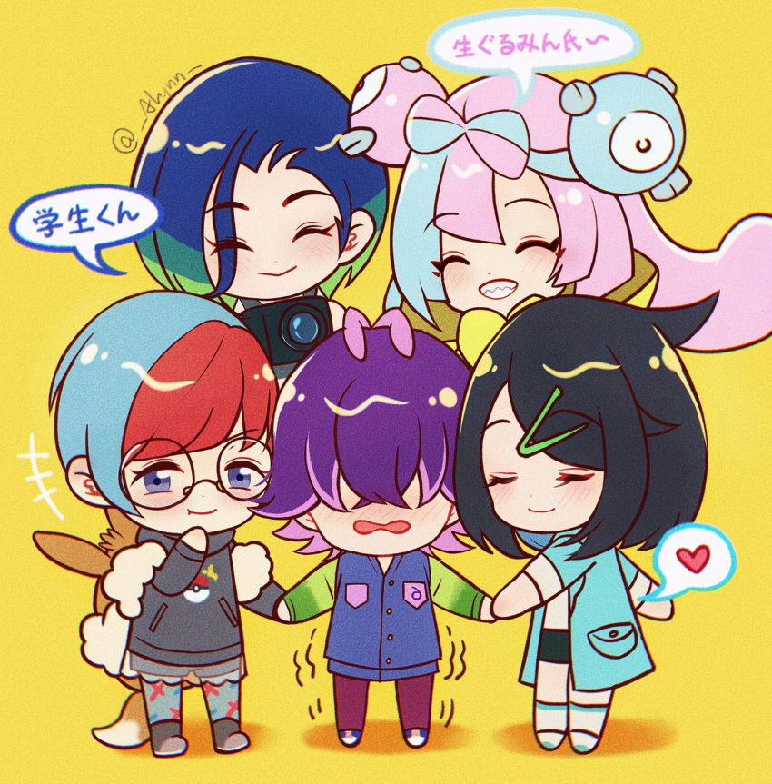 5girls, alynn610, black_hair, black_jacket, blue_hair, blue_jacket, blush, bow-shaped_hair, camera, character_hair_ornament, chibi, chibi_only, closed_eyes, closed_mouth, colored_inner_hair, dot_(pokemon), full_body, glasses, green_hair, hair_ornament, hairclip, heart, highres, holding, holding_camera, holding_hands, iono_(pokemon), jacket, liko_(pokemon), long_hair, long_sleeves, multicolored_hair, multiple_girls, open_mouth, penny_(pokemon), perrin_(pokemon), pink_eyes, pink_hair, pokemon, pokemon_(anime), pokemon_horizons, purple_hair, red_hair, smile, speech_bubble, spoken_heart, translation_request, twintails, twitter_username, two-tone_hair, violet_eyes, yellow_background, yellow_jacket, yuri